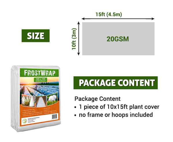 FrostWrap, Freeze and Crop Protection Plant Cover - 0.59 oz/yd2 (20 GSM) of Fabric Non-woven 10ft x 15ft Reusable Garden Floating Row Cover for vegetables, fruit, tree, plants Sun-Pest protection