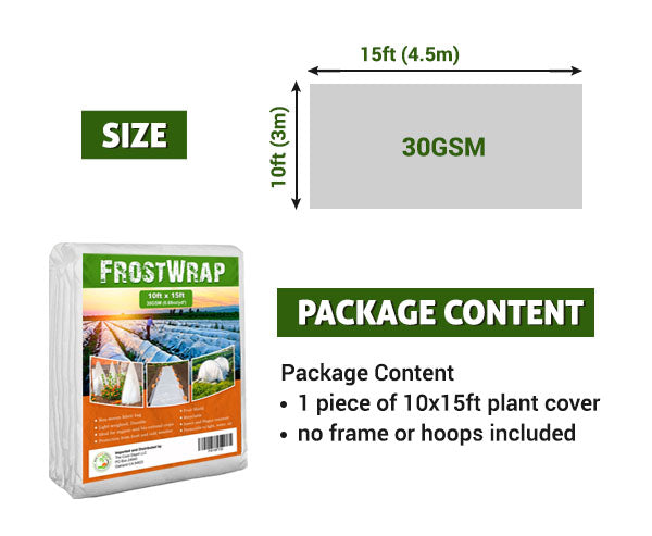 FrostWrap, Freeze and Crop Protection Plant Cover - 0.88oz/yd2 (30 GSM) of Fabric Non-woven 10ft x 15ft Reusable Garden Floating Row Cover for vegetables, fruit, tree, plants Sun-Pest protection