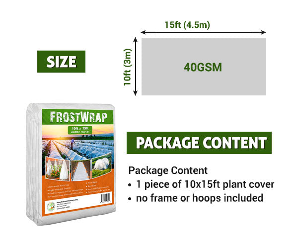 FrostWrap, Freeze and Crop Protection Plant Cover - 1.18oz/yd2(40 GSM) of Fabric Non-woven 10ft x 15ft Reusable Garden Floating Row Cover for vegetables, fruit, tree, plants Sun-Pest protection