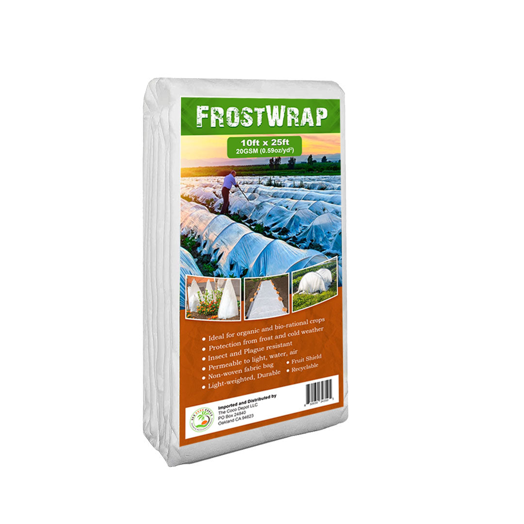FrostWrap, Freeze and Crop Protection Plant Cover - 0.59 oz/yd2 (20 GSM) of Fabric Non-woven 10ft x 25ft Reusable Garden Floating Row Cover for vegetables, fruit, tree, plants Sun-Pest protection.