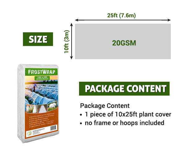 FrostWrap, Freeze and Crop Protection Plant Cover - 0.59 oz/yd2 (20 GSM) of Fabric Non-woven 10ft x 25ft Reusable Garden Floating Row Cover for vegetables, fruit, tree, plants Sun-Pest protection.