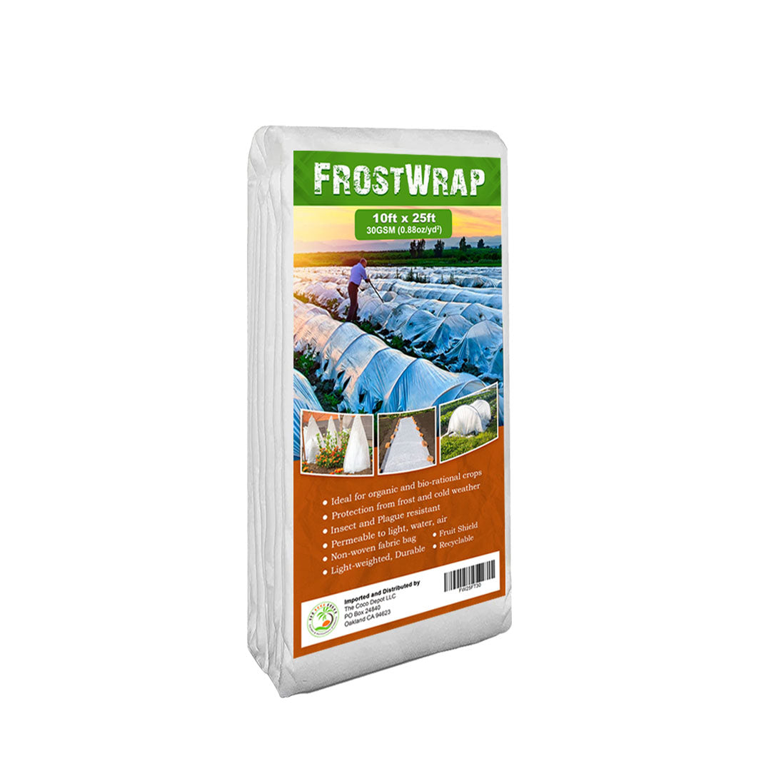 FrostWrap, Freeze and Crop Protection Plant Cover - 0.88oz/yd2 (30 GSM) of Fabric Non-woven 10ft x 25ft Reusable Garden Floating Row Cover for vegetables, fruit, tree, plants Sun-Pest protection.