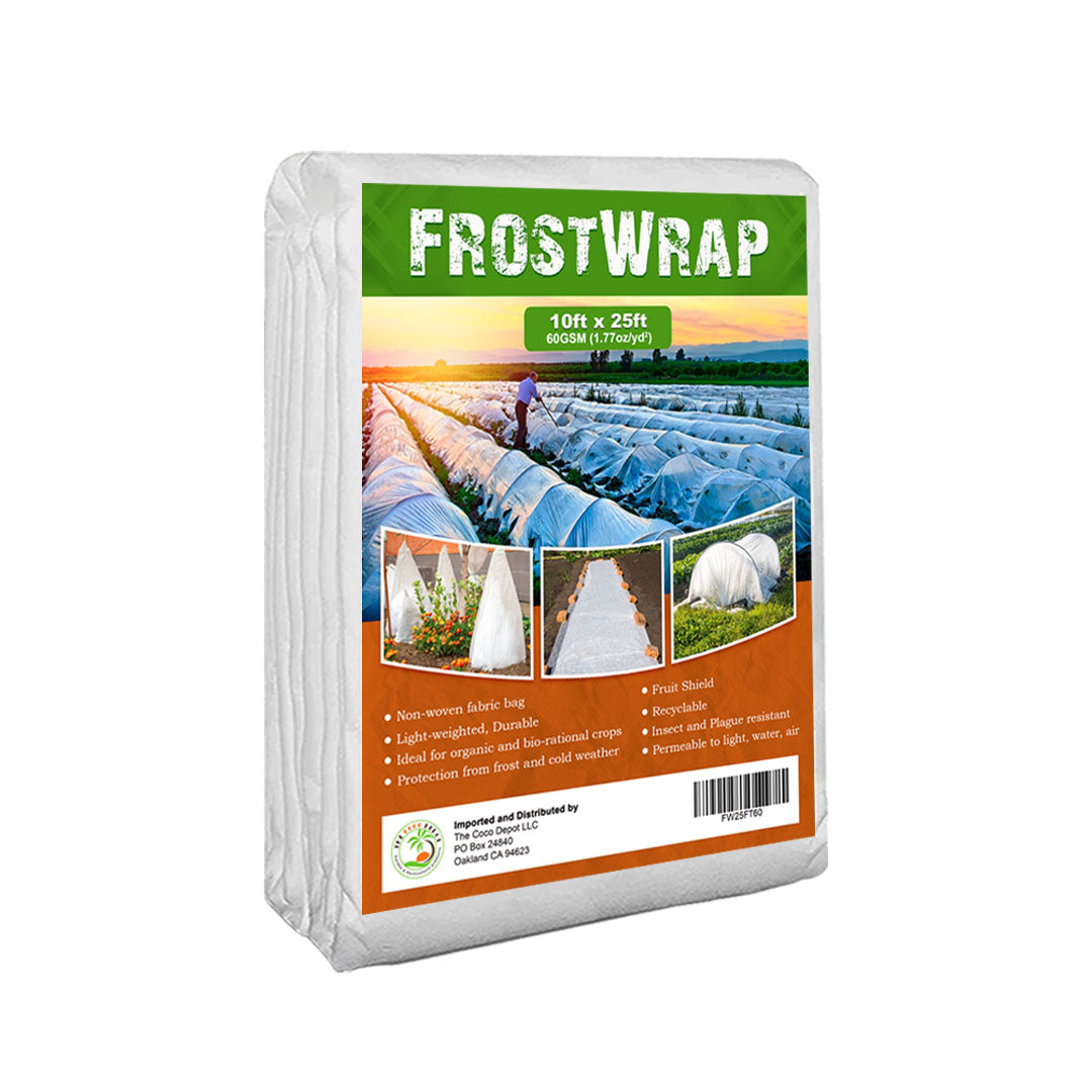 FrostWrap, Freeze and Crop Protection Plant Cover - 1.77oz/yd2 (60 GSM) of Fabric Non-woven 10ft x 25ft Reusable Garden Floating Row Cover for vegetables, fruit, tree, plants Sun-Pest protection.