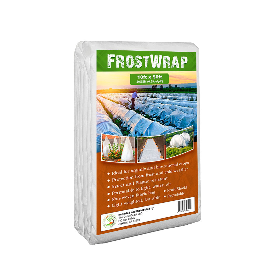 FrostWrap, Freeze and Crop Protection Plant Cover - 0.59 oz/yd2 (20 GSM) of Fabric Non-woven 10ft x 50ft Reusable Garden Floating Row Cover for vegetables, fruit, tree, plants Sun-Pest protection.