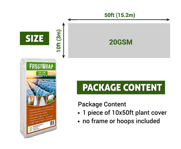 FrostWrap, Freeze and Crop Protection Plant Cover - 0.59 oz/yd2 (20 GSM) of Fabric Non-woven 10ft x 50ft Reusable Garden Floating Row Cover for vegetables, fruit, tree, plants Sun-Pest protection.
