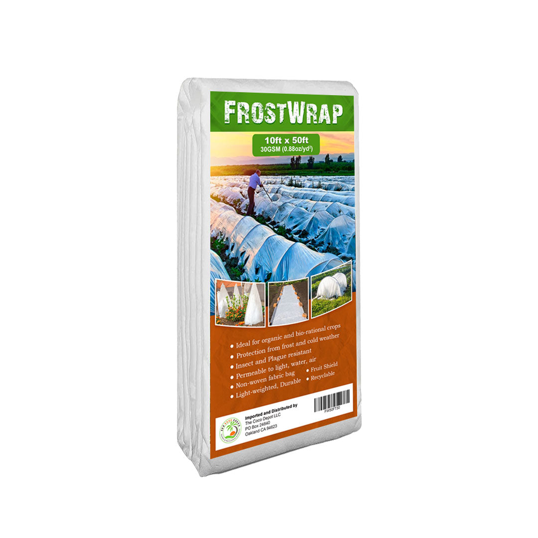 FrostWrap, Freeze and Crop Protection Plant Cover - 0.88oz/yd2 (30 GSM) of Fabric Non-woven 10ft x 50ft Reusable Garden Floating Row Cover for vegetables, fruit, tree, plants Sun-Pest protection.