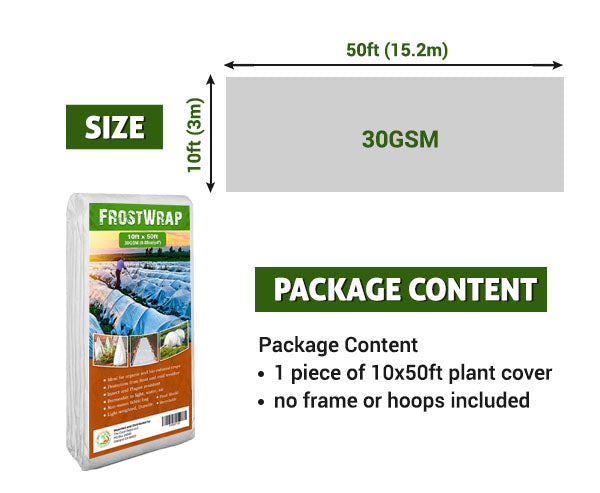 FrostWrap, Freeze and Crop Protection Plant Cover - 0.88oz/yd2 (30 GSM) of Fabric Non-woven 10ft x 50ft Reusable Garden Floating Row Cover for vegetables, fruit, tree, plants Sun-Pest protection.