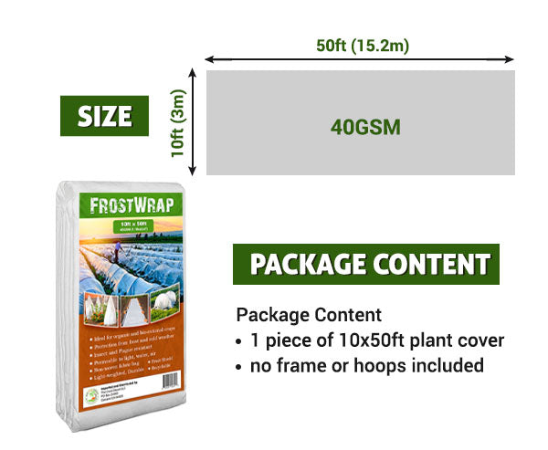 FrostWrap, Freeze and Crop Protection Plant Cover - 1.18oz/yd2(40 GSM) of Fabric Non-woven 10ft x 50ft Reusable Garden Floating Row Cover for vegetables, fruit, tree, plants Sun-Pest protection.