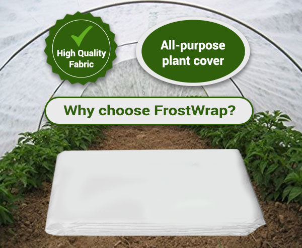 FrostWrap, Freeze and Crop Protection Plant Cover - 0.59 oz/yd2 (20 GSM) of Fabric Non-woven 10ft x 50ft Reusable Garden Floating Row Cover for vegetables, fruit, tree, plants Sun-Pest protection.
