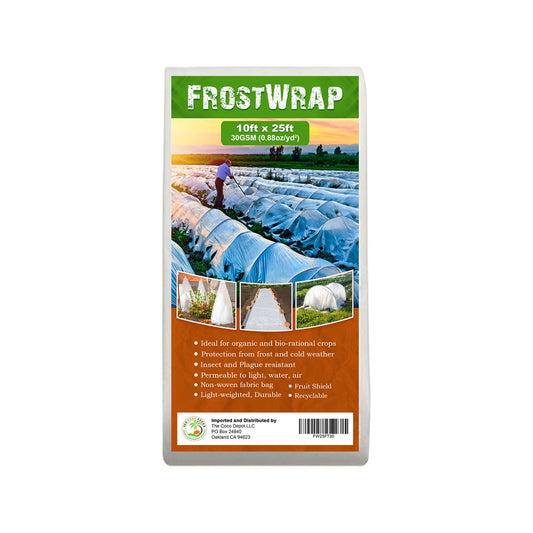 FrostWrap, Freeze and Crop Protection Plant Cover - 0.88oz/yd2 (30 GSM) of Fabric Non-woven 10ft x 25ft Reusable Garden Floating Row Cover for vegetables, fruit, tree, plants Sun-Pest protection.
