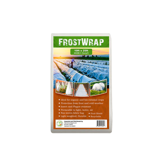 FrostWrap, Freeze and Crop Protection Plant Cover - 1.18oz/yd2(40 GSM) of Fabric Non-woven 10ft x 25ft Reusable Garden Floating Row Cover for vegetables, fruit, tree, plants Sun-Pest protection.