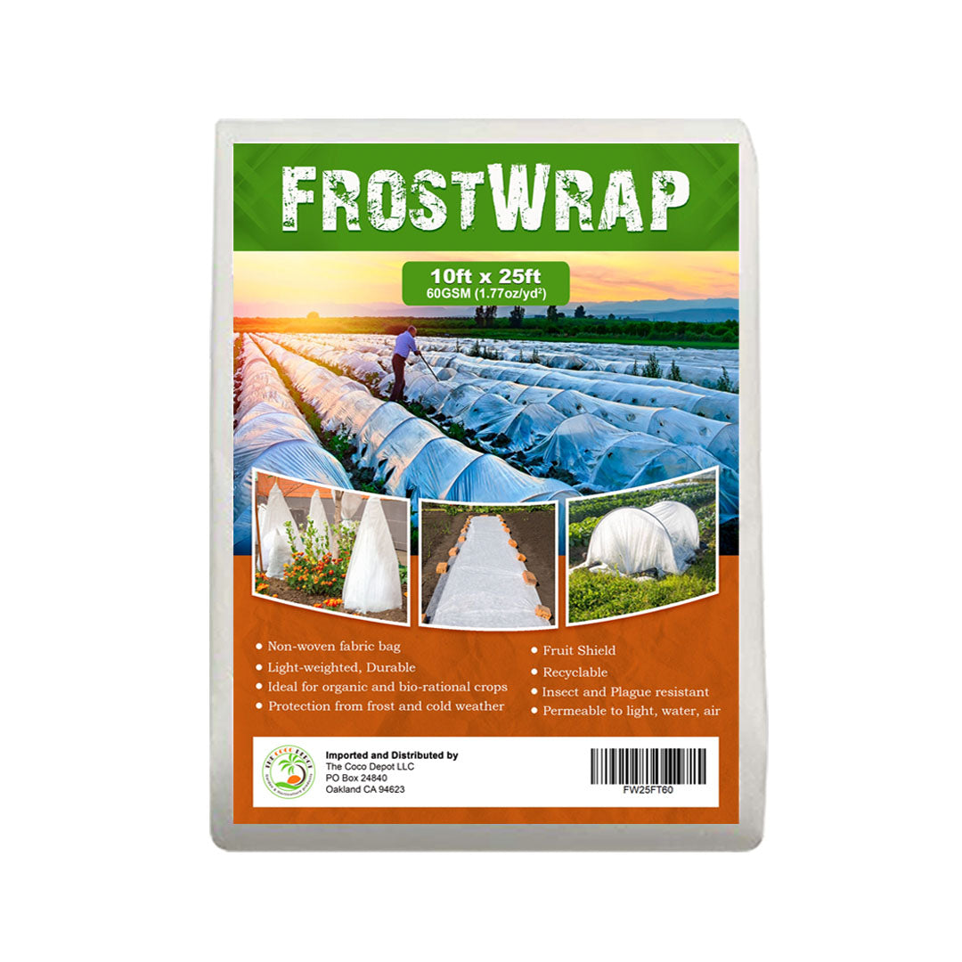 FrostWrap, Freeze and Crop Protection Plant Cover - 1.77oz/yd2 (60 GSM) of Fabric Non-woven 10ft x 25ft Reusable Garden Floating Row Cover for vegetables, fruit, tree, plants Sun-Pest protection.