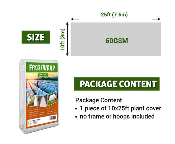 FrostWrap, Freeze and Crop Protection Plant Cover - 1.77oz/yd2 (60 GSM) of Fabric Non-woven 10ft x 25ft Reusable Garden Floating Row Cover for vegetables, fruit, tree, plants Sun-Pest protection.