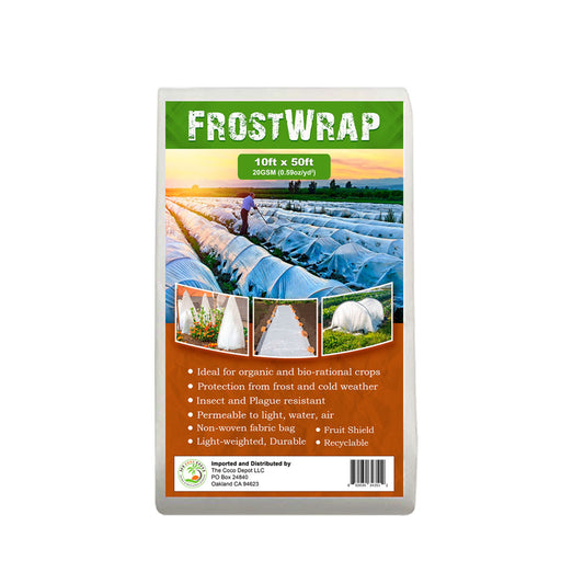 FrostWrap, Freeze and Crop Protection Plant Cover - 0.59 oz/yd2 (20 GSM) of Fabric Non-woven 10ft x 50ft Reusable Garden Floating Row Cover for vegetables, fruit, tree, plants Sun-Pest protection.