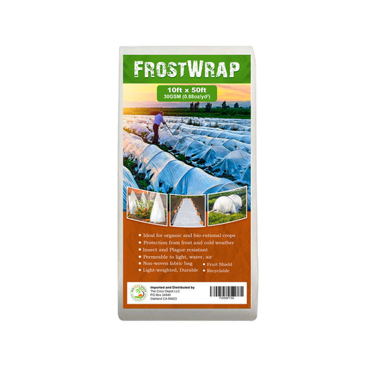 FrostWrap, Freeze and Crop Protection Plant Cover - 0.88oz/yd2 (30 GSM) of Fabric Non-woven 10ft x 50ft Reusable Garden Floating Row Cover for vegetables, fruit, tree, plants Sun-Pest protection.