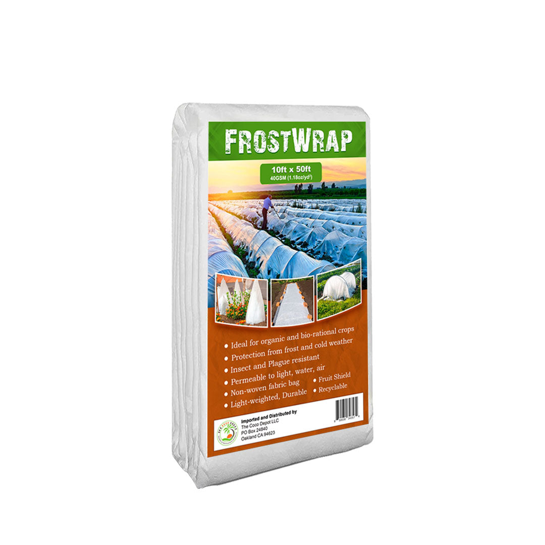 FrostWrap, Freeze and Crop Protection Plant Cover - 1.18oz/yd2(40 GSM) of Fabric Non-woven 10ft x 50ft Reusable Garden Floating Row Cover for vegetables, fruit, tree, plants Sun-Pest protection.