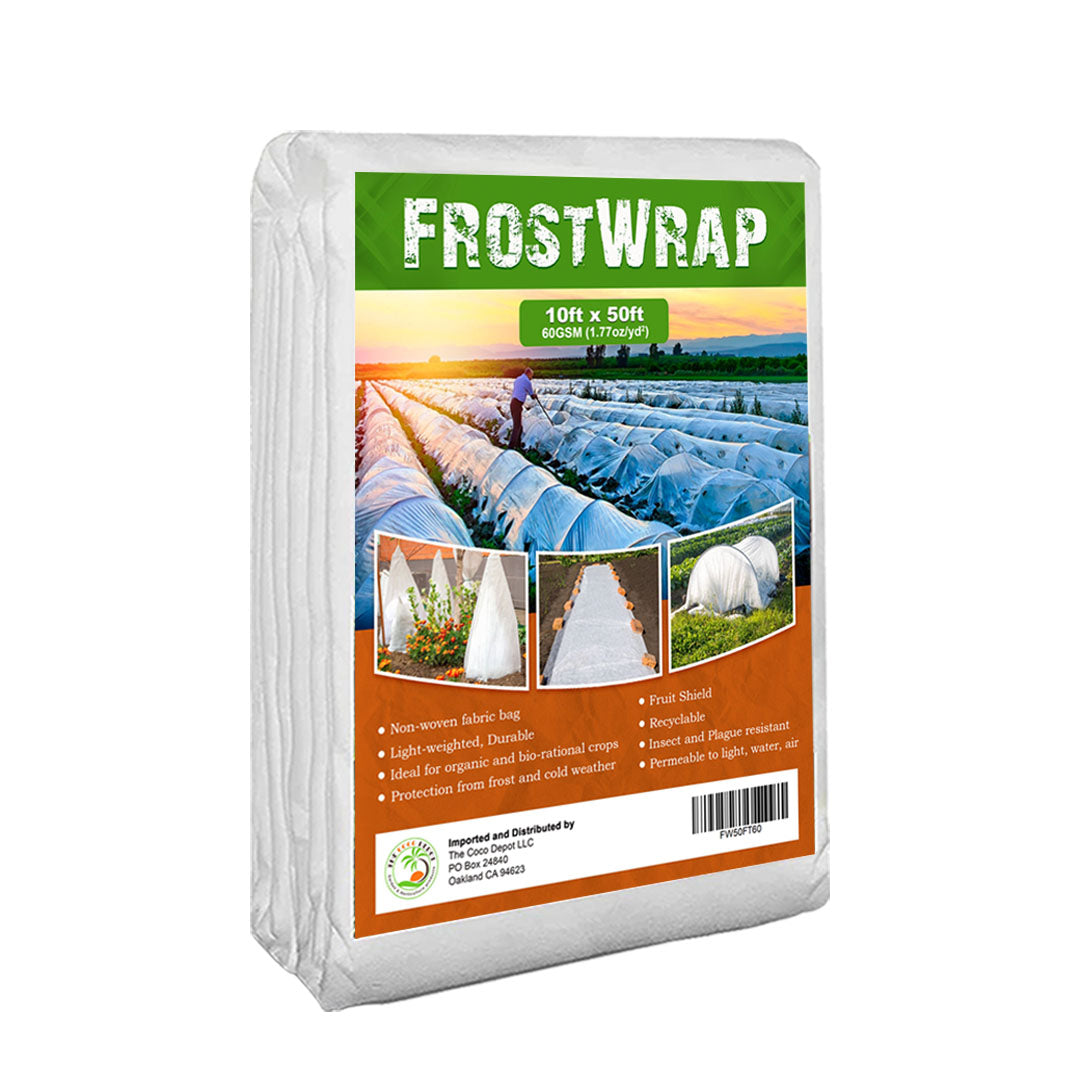 FrostWrap, Freeze and Crop Protection Plant Cover - 1.77oz/yd2 (60 GSM) of Fabric Non-woven 10ft x 50ft Reusable Garden Floating Row Cover for vegetables, fruit, tree, plants Sun-Pest protection.