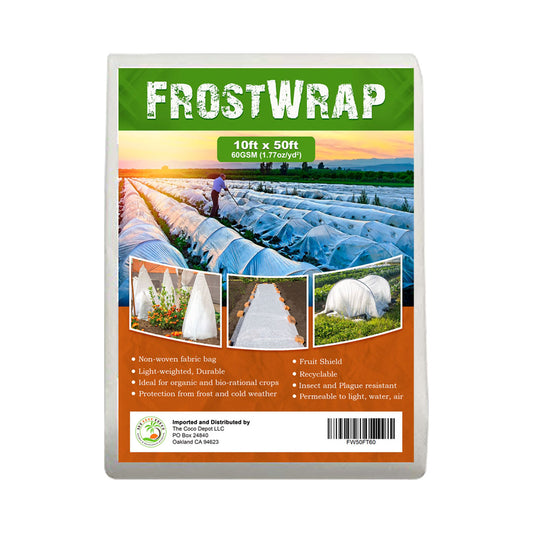 FrostWrap, Freeze and Crop Protection Plant Cover - 1.77oz/yd2 (60 GSM) of Fabric Non-woven 10ft x 50ft Reusable Garden Floating Row Cover for vegetables, fruit, tree, plants Sun-Pest protection.