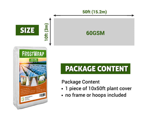 FrostWrap, Freeze and Crop Protection Plant Cover - 1.77oz/yd2 (60 GSM) of Fabric Non-woven 10ft x 50ft Reusable Garden Floating Row Cover for vegetables, fruit, tree, plants Sun-Pest protection.