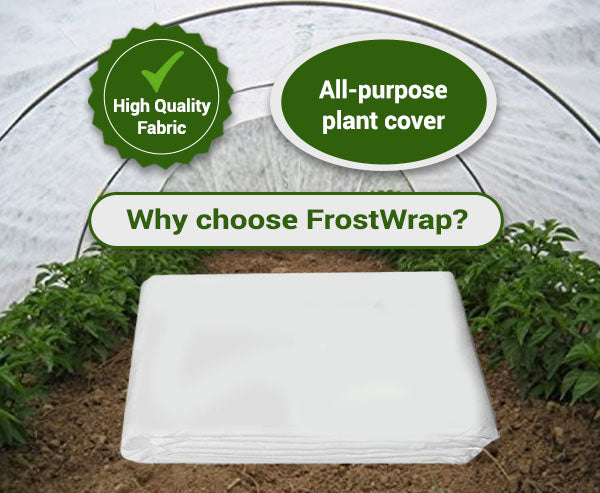 FrostWrap, Freeze and Crop Protection Plant Cover - 0.59 oz/yd2 (20 GSM) of Fabric Non-woven 10ft x 25ft Reusable Garden Floating Row Cover for vegetables, fruit, tree, plants Sun-Pest protection.